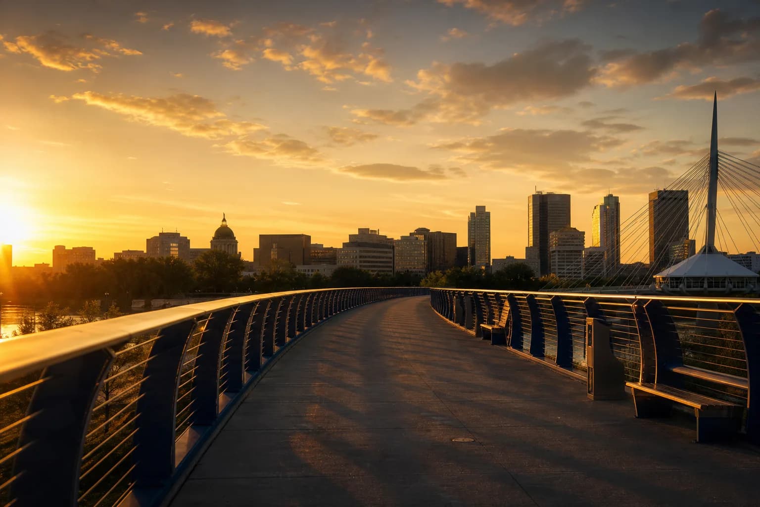 A pedestrian bridge leading toward the Winnipeg skyline at sunrise